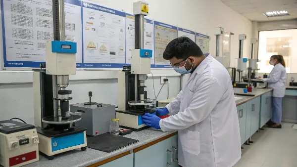 A lab technician performing a quality test on HDPE pellets.