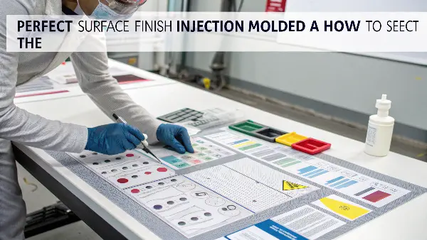 A collection of injection molded parts with different surface finishes