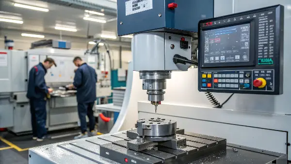 A CNC machine cutting a block of metal with sparks flying.