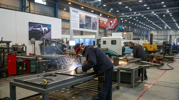 Demand for Sheet Metal Workers A young sheet metal worker being trained by an experienced mentor in a workshop.
