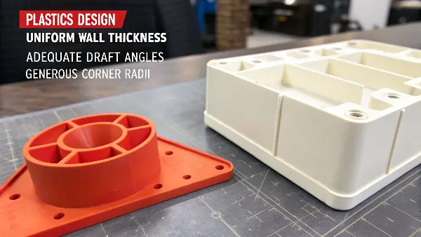 An illustration showing draft angles and uniform wall thickness on a plastic part.