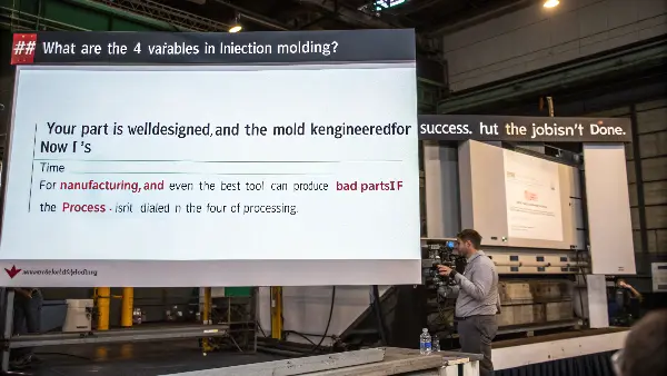 A control panel of an injection molding machine showing settings for temperature, pressure, and speed.