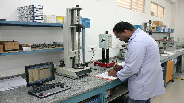 a machine performing a tensile test on a PVC sample