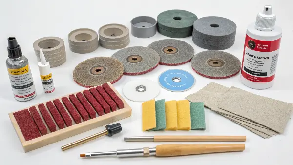 Essential Mold Polishing Tools An organized layout of mold polishing tools including abrasive stones, diamond paste syringes, felt bobs, and a rotary tool.