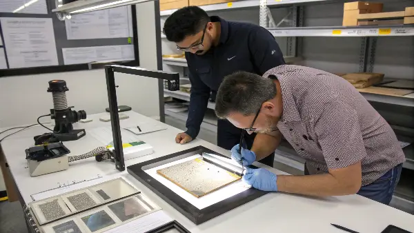 Visual Inspection of Surface Finish An inspector visually comparing a molded part to a master sample under a bright light.