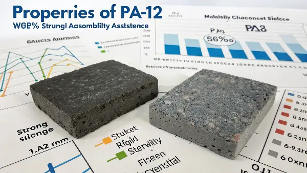 A diagram showing a PA12 part remaining stable while a PA6 part swells in water.