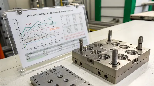 A detailed view of a complex injection mold tool