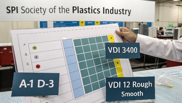 A close-up of a texture sample comparator for SPI and VDI finishes