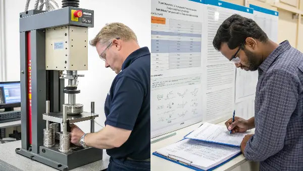 An HDPE 'dog-bone' specimen in a universal testing machine for a tensile test.