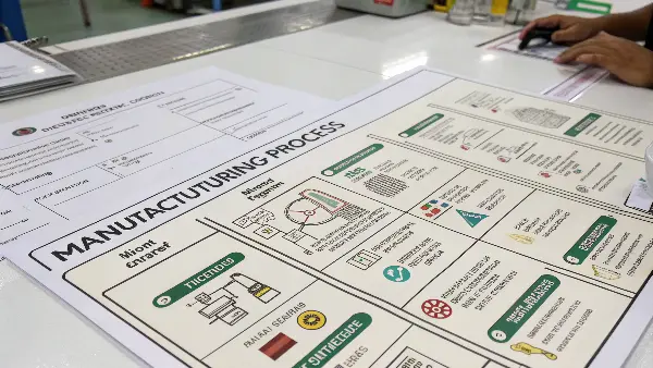 A detailed manufacturing process sheet on a clipboard in a workshop.