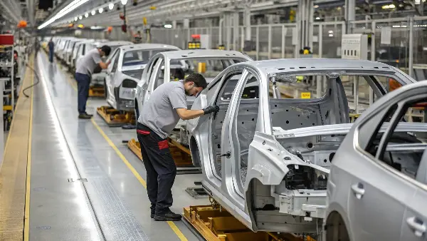 Automotive Sheet Metal Fabrication A car assembly line showing car bodies made of sheet metal.