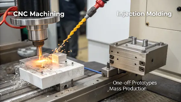 A CNC machine carving a part next to an injection molding machine producing parts