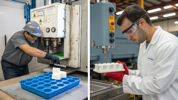 A soft silicone mold for urethane casting next to a hard steel injection mold