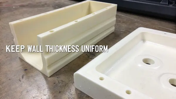 Uniform vs. Non-Uniform Wall Thickness A cross-section of a part showing uniform wall thickness vs. a part with thick and thin sections.