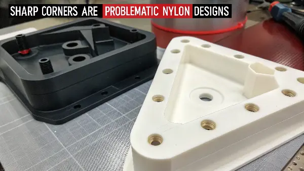 A stress analysis comparison showing high stress in a sharp corner vs. low stress in a rounded corner.