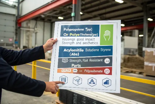 An experienced engineer pointing to different plastic parts on a table
