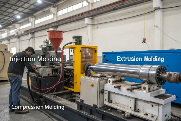 Three Main Types of Molding Three icons representing injection, extrusion, and compression molding