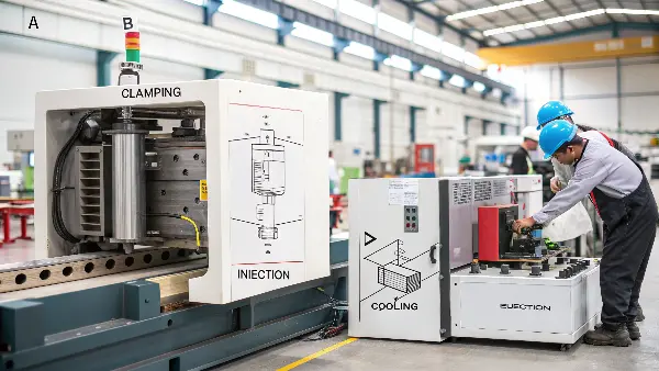 An overview of an injection molding machine and a plastic part