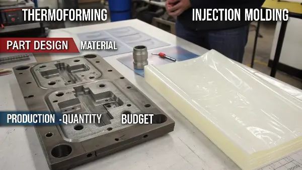 A side-by-side comparison of a thermoformed part and an injection molded part