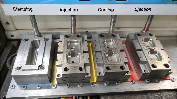 Diagram showing the four steps of injection molding.