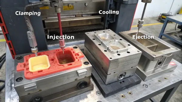 4 Steps of Injection Molding Infographic showing the four steps of the injection molding cycle.