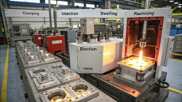 An illustration of the five steps of the injection molding cycle