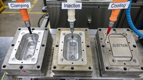 Illustration of the four stages of the injection molding cycle