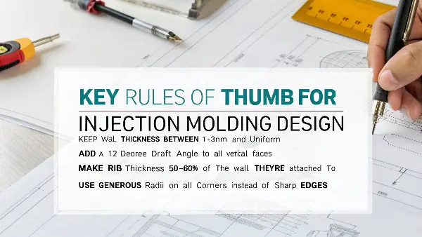 A checklist graphic showing key injection molding design rules of thumb.
