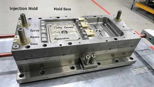 Diagram showing the different parts of an injection mold