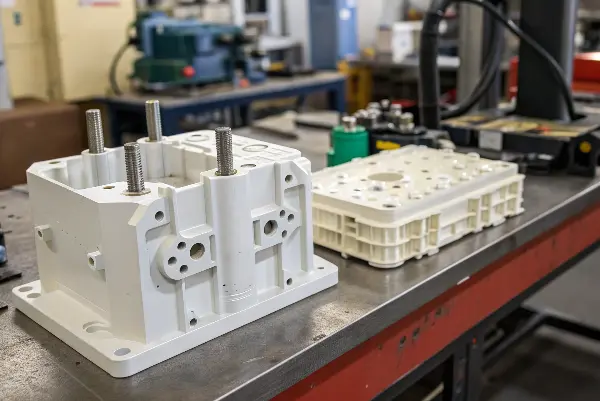 A complex plastic part next to a simple one, illustrating design complexity.