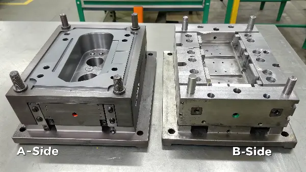 A-Side and B-Side of an injection mold with a part inside