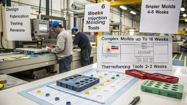 A complex injection mold being assembled in a workshop