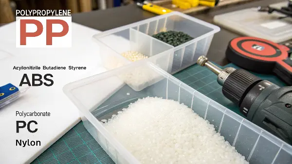 An array of molded parts made from different types of plastic
