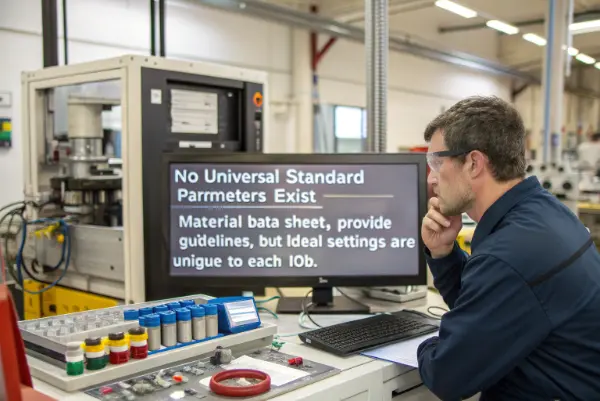 Technician reviewing material data sheet specifications