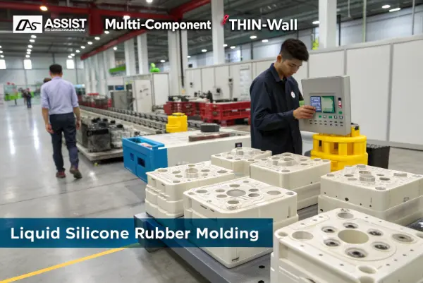 An array of complex plastic parts made with advanced injection molding technologies.