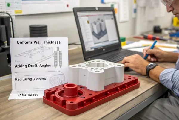 A 3D model of a plastic part highlighting design features like draft angles and ribs