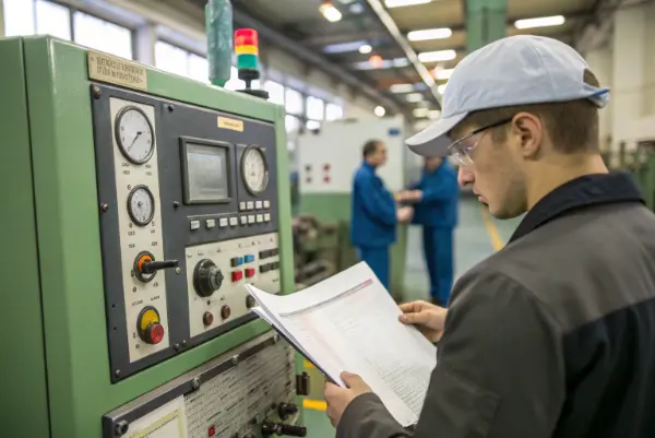 Engineer adjusting settings on an injection molding machine control panel