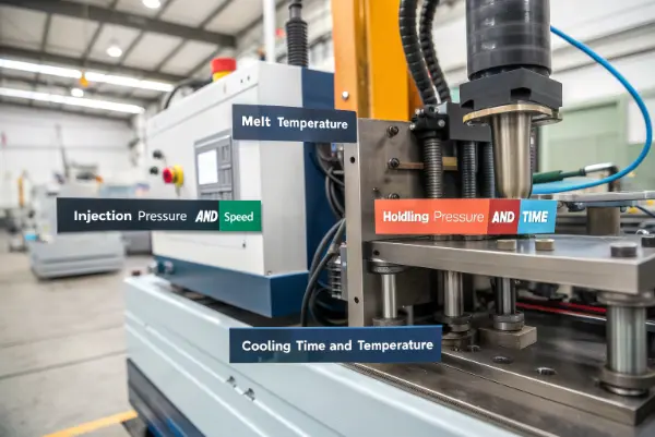Diagram of injection molding machine showing parameters