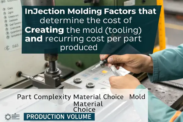 Injection Molding Cost Breakdown A pie chart breaking down the costs of injection molding: Tooling, Material, Labor, Machine Time.
