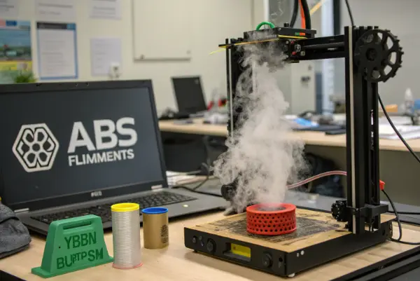 3D printer extruding ABS filament with fume hood